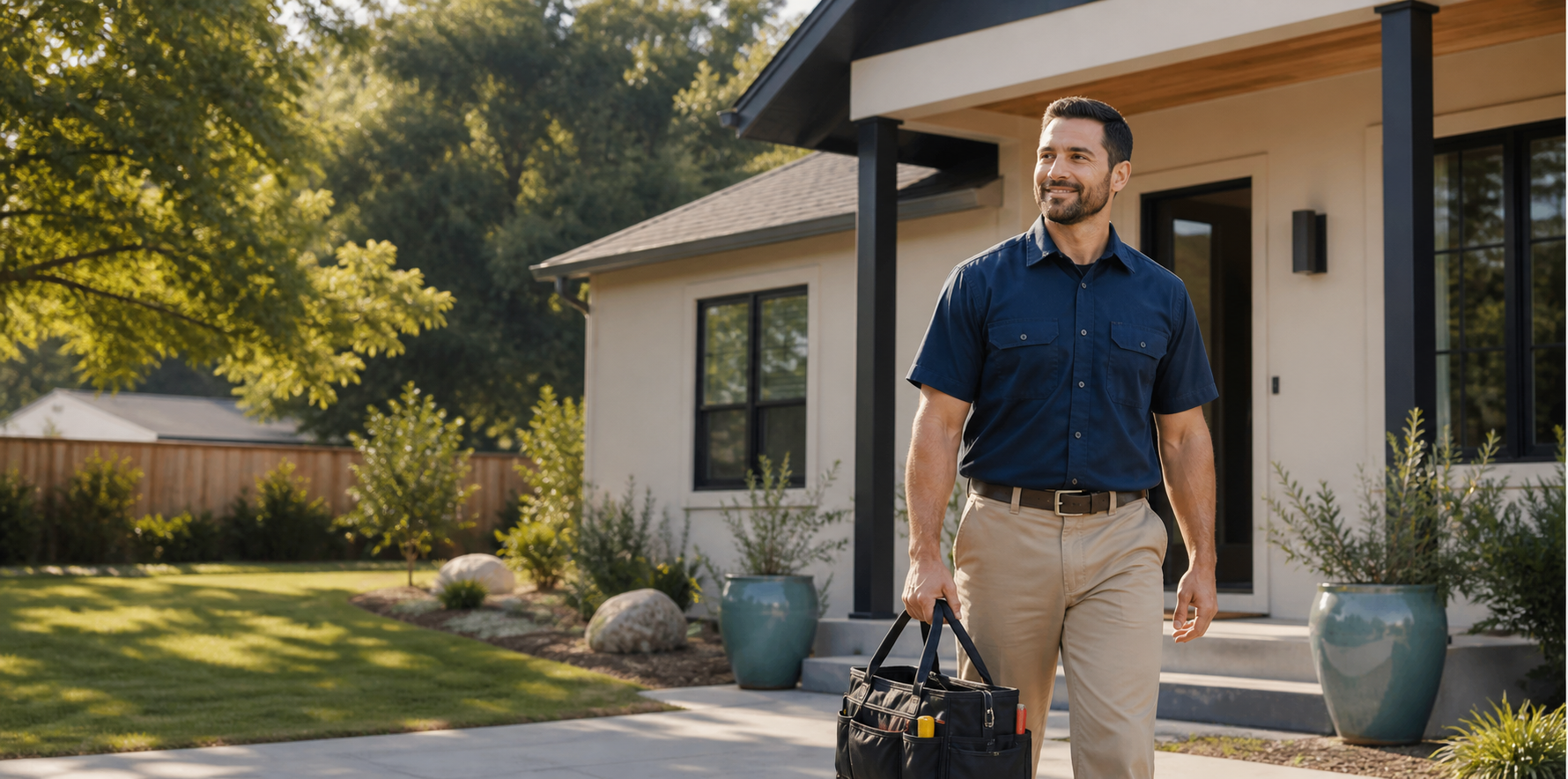 Fictional home-services technician arriving at a modern home with a tool bag